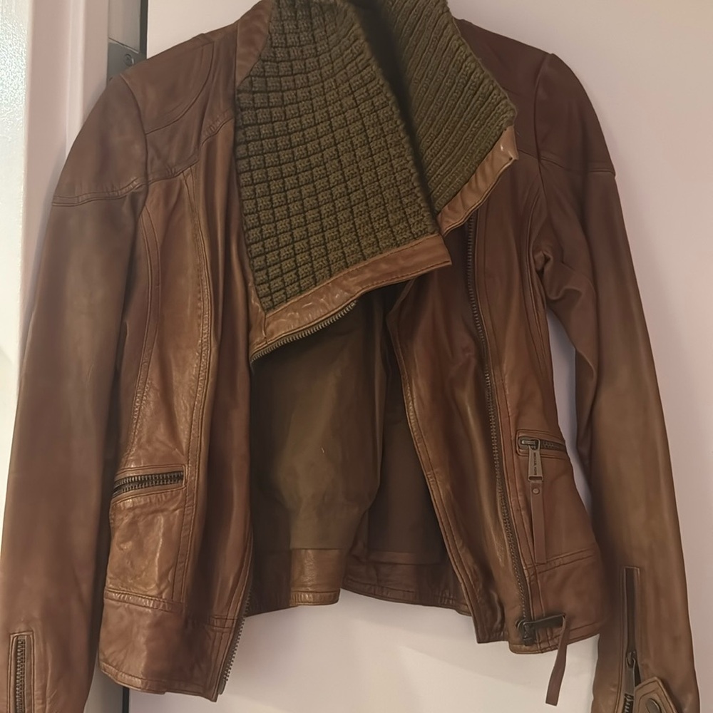 Michael Kors cognac knit collar leather jacket